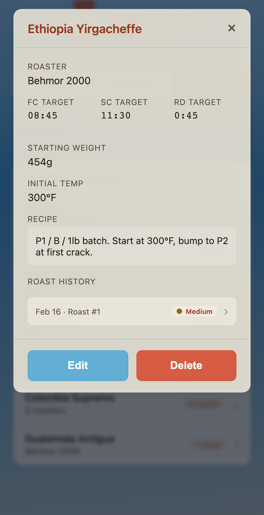 Coffee profile showing roaster, target times, starting weight, recipe, and roast history