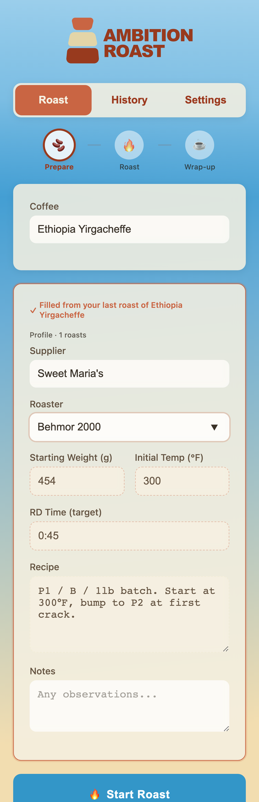 Ambition Roast prepare phase showing coffee details form with three-phase stepper