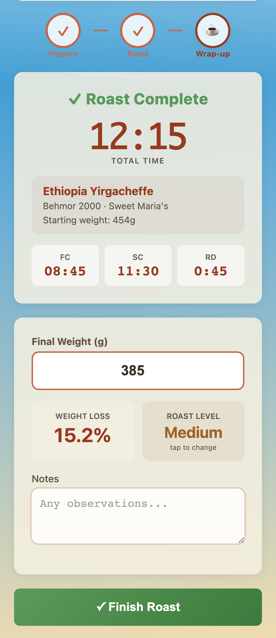 Wrap-up phase showing roast results with weight loss and roast level